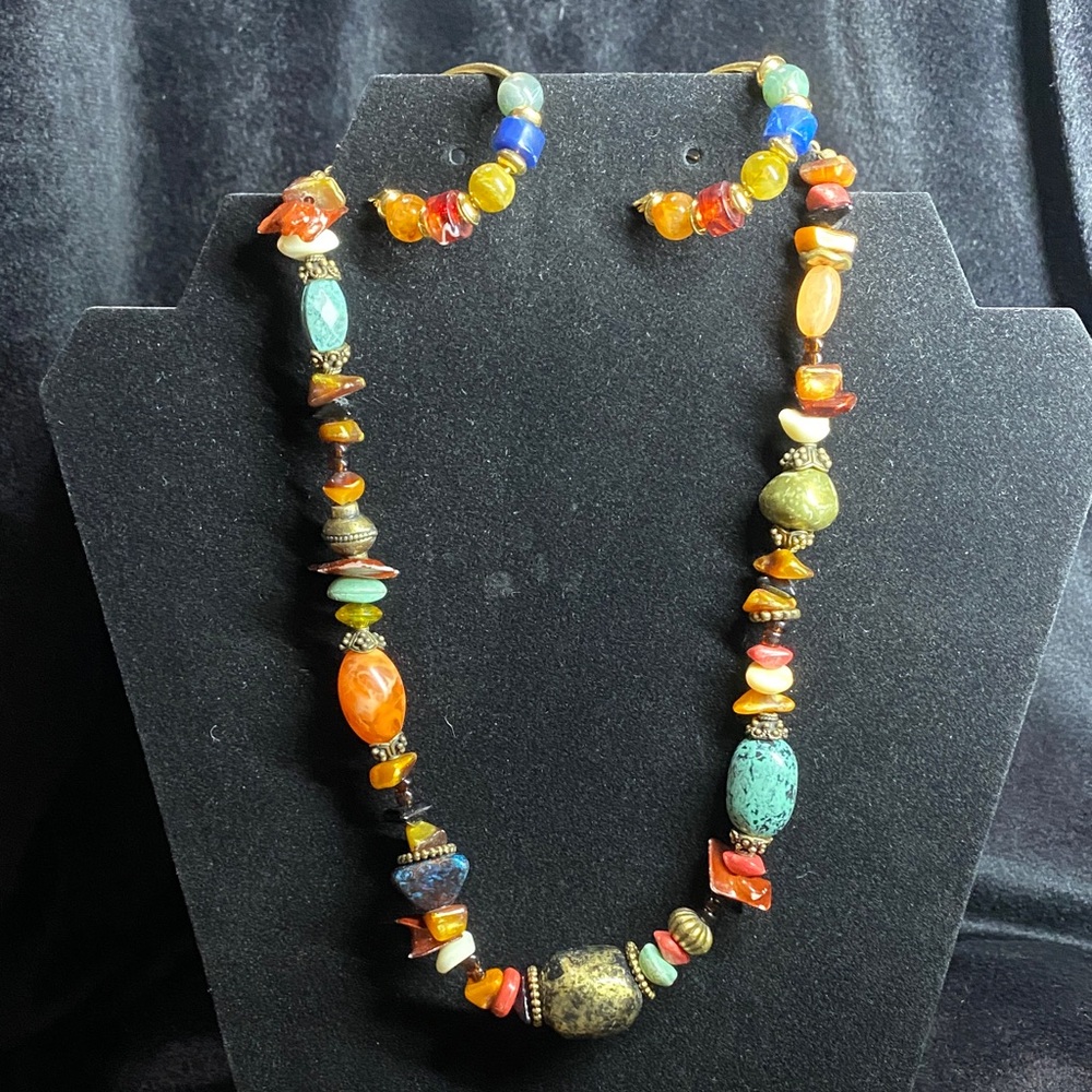 Colorful Vintage Gemstone and Bead Necklace and Bead Earrings Set